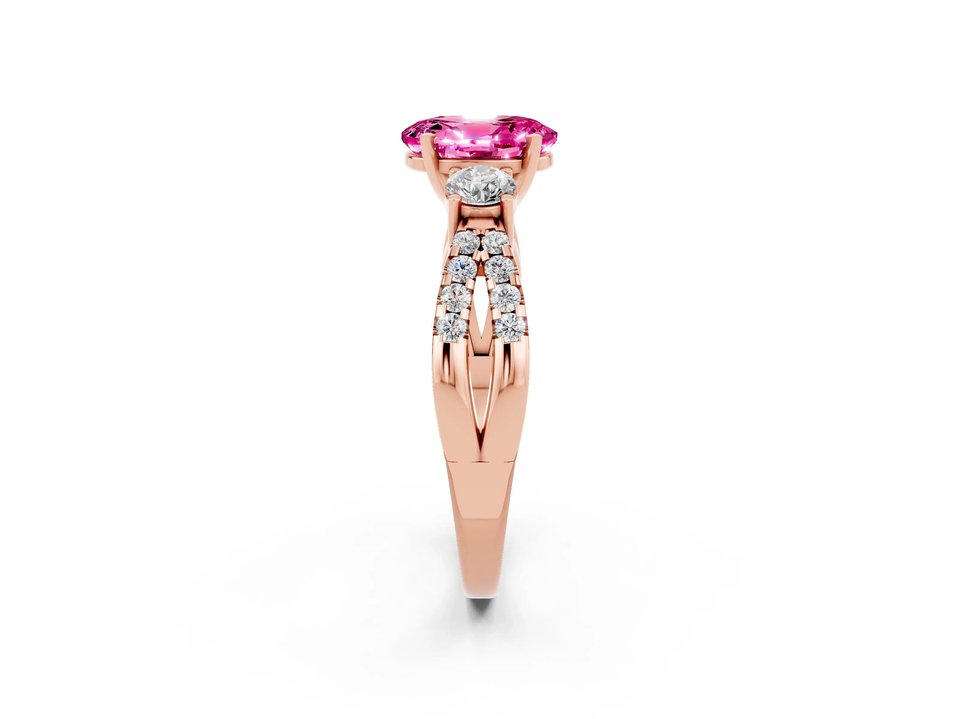 Rose gold Oval Cut Pink Sapphire Three-Stone Ring with Pavé Split Shank and Four-Prong Setting_38