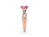 Rose gold Oval Cut Pink Sapphire Three-Stone Ring with Pavé Split Shank and Four-Prong Setting_38