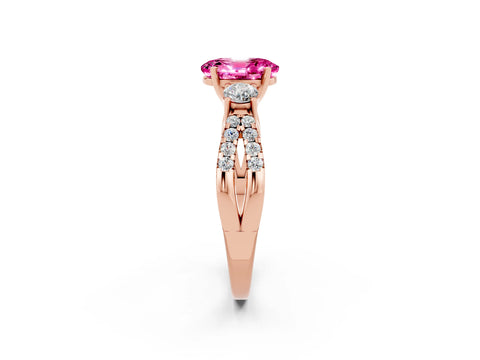 Rose gold Oval Cut Pink Sapphire Three-Stone Ring with Pavé Split Shank and Four-Prong Setting_38