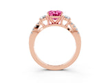 Rose gold Oval Cut Pink Sapphire Three-Stone Ring with Pavé Split Shank and Four-Prong Setting_39