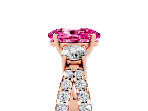 Rose gold Oval Cut Pink Sapphire Three-Stone Ring with Pavé Split Shank and Four-Prong Setting_41