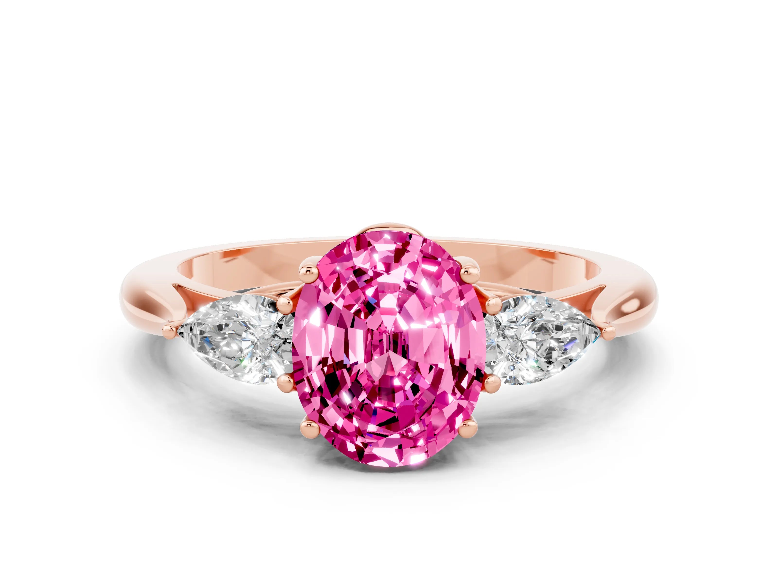 Rose gold Oval Cut Pink Sapphire Three-Stone Ring with Pear Side Stones and Four-Prong Setting_12