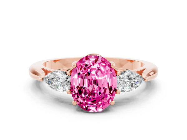 Rose gold Oval Cut Pink Sapphire Three-Stone Ring with Pear  Side Stones and Prong Setting
