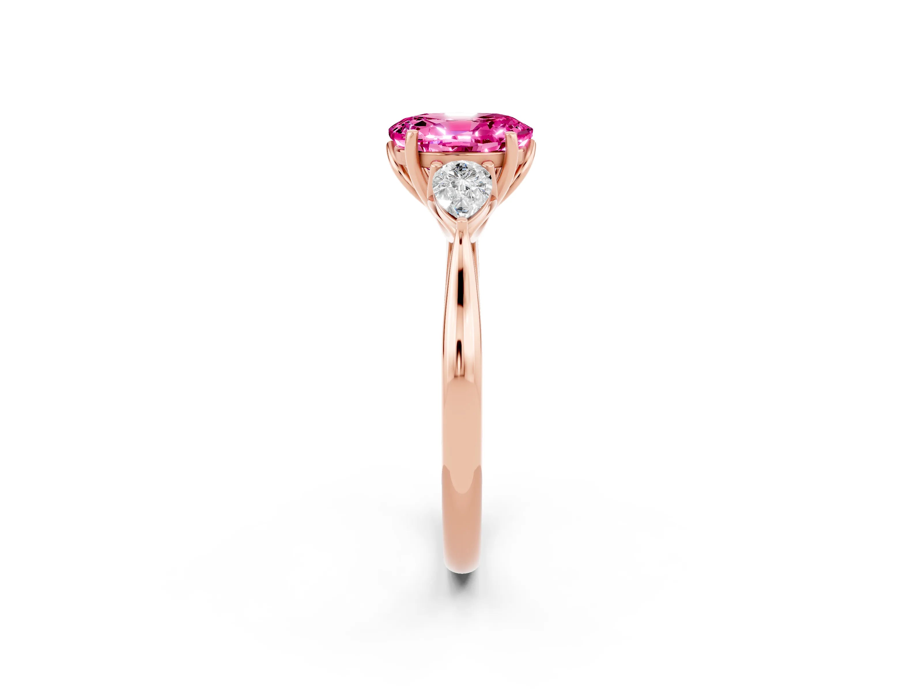 Rose gold Oval Cut Pink Sapphire Three-Stone Ring with Pear Side Stones and Four-Prong Setting_14