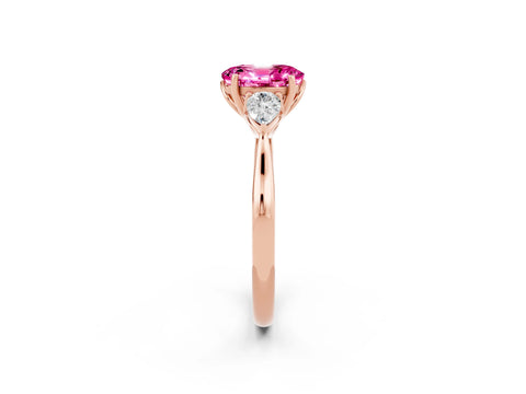 Rose gold Oval Cut Pink Sapphire Three-Stone Ring with Pear Side Stones and Four-Prong Setting_14