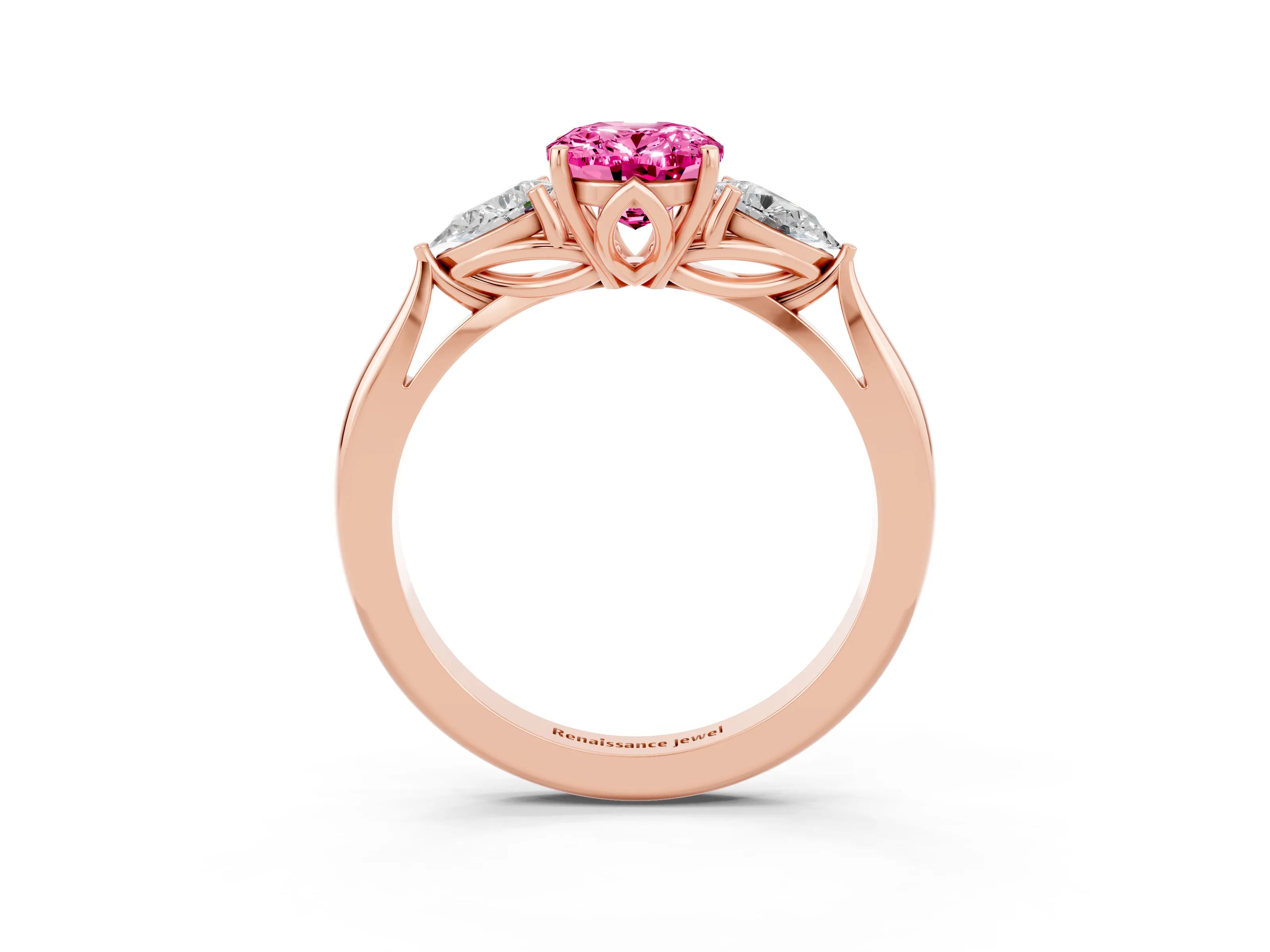Rose gold Oval Cut Pink Sapphire Three-Stone Ring with Pear Side Stones and Four-Prong Setting_15