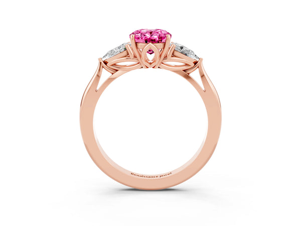 Rose gold Oval Cut Pink Sapphire Three-Stone Ring with Pear  Side Stones and Prong Setting