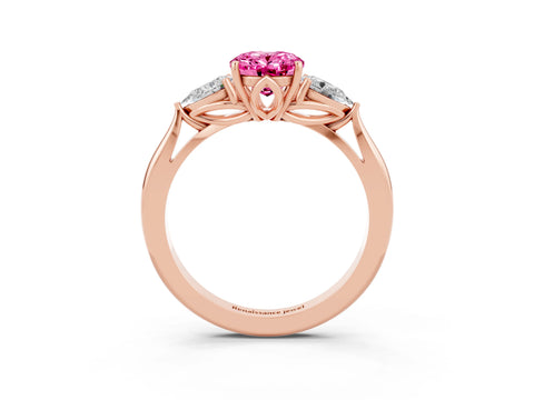 Rose gold Oval Cut Pink Sapphire Three-Stone Ring with Pear Side Stones and Four-Prong Setting_15