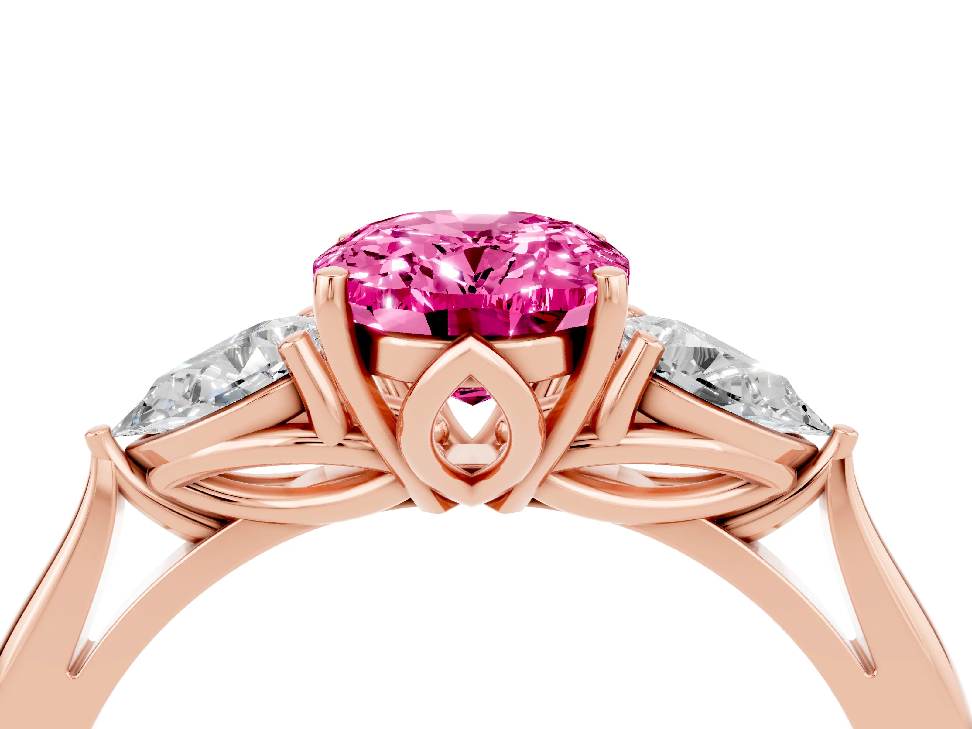 Rose gold Oval Cut Pink Sapphire Three-Stone Ring with Pear Side Stones and Four-Prong Setting_16
