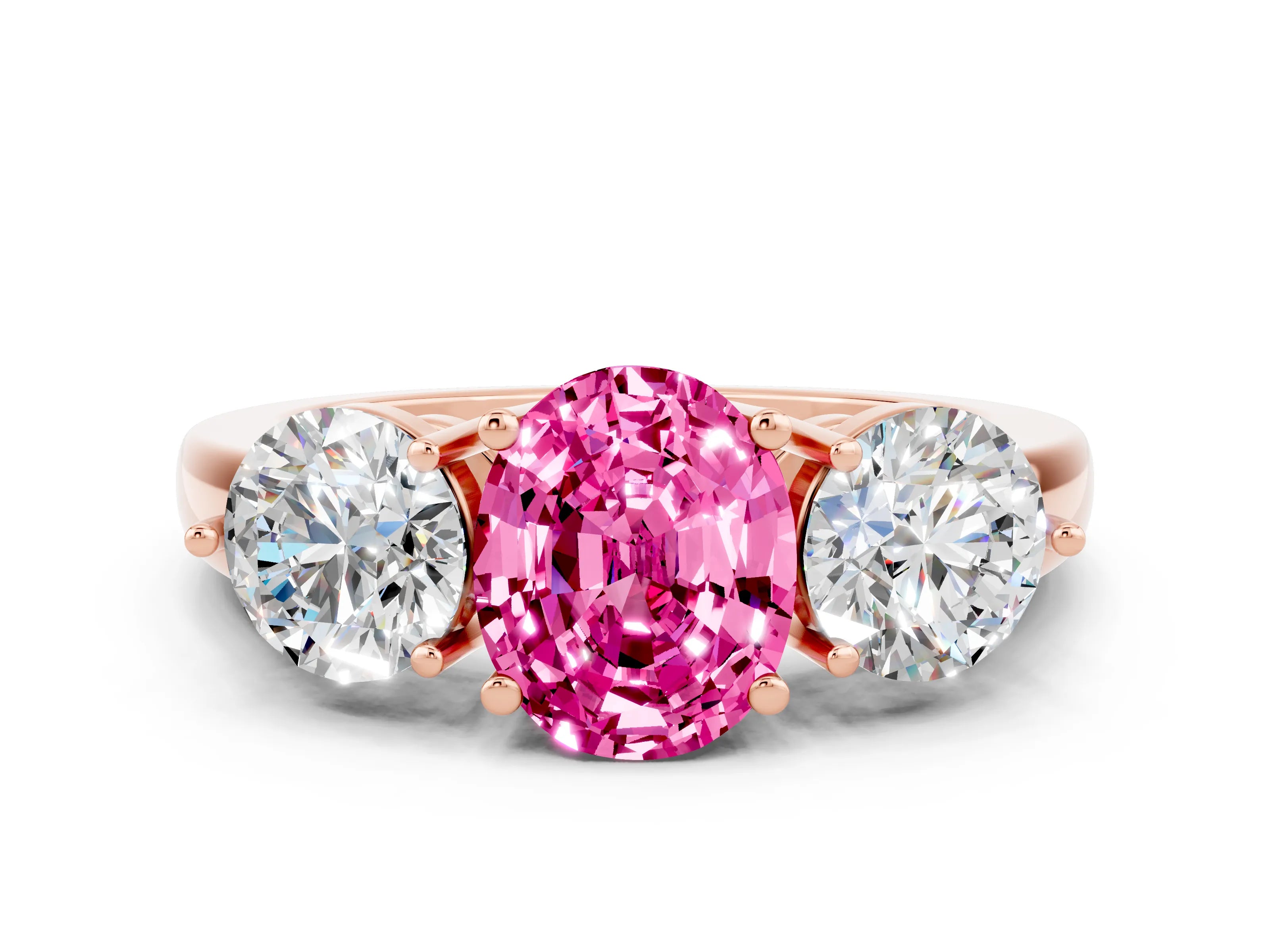 Rose gold Oval Cut Pink Sapphire Three-Stone Ring with Prong Setting and Classic Band