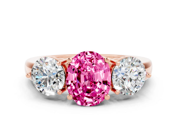 Rose gold Oval Cut Pink Sapphire Three-Stone Ring with Prong Setting and Classic Band