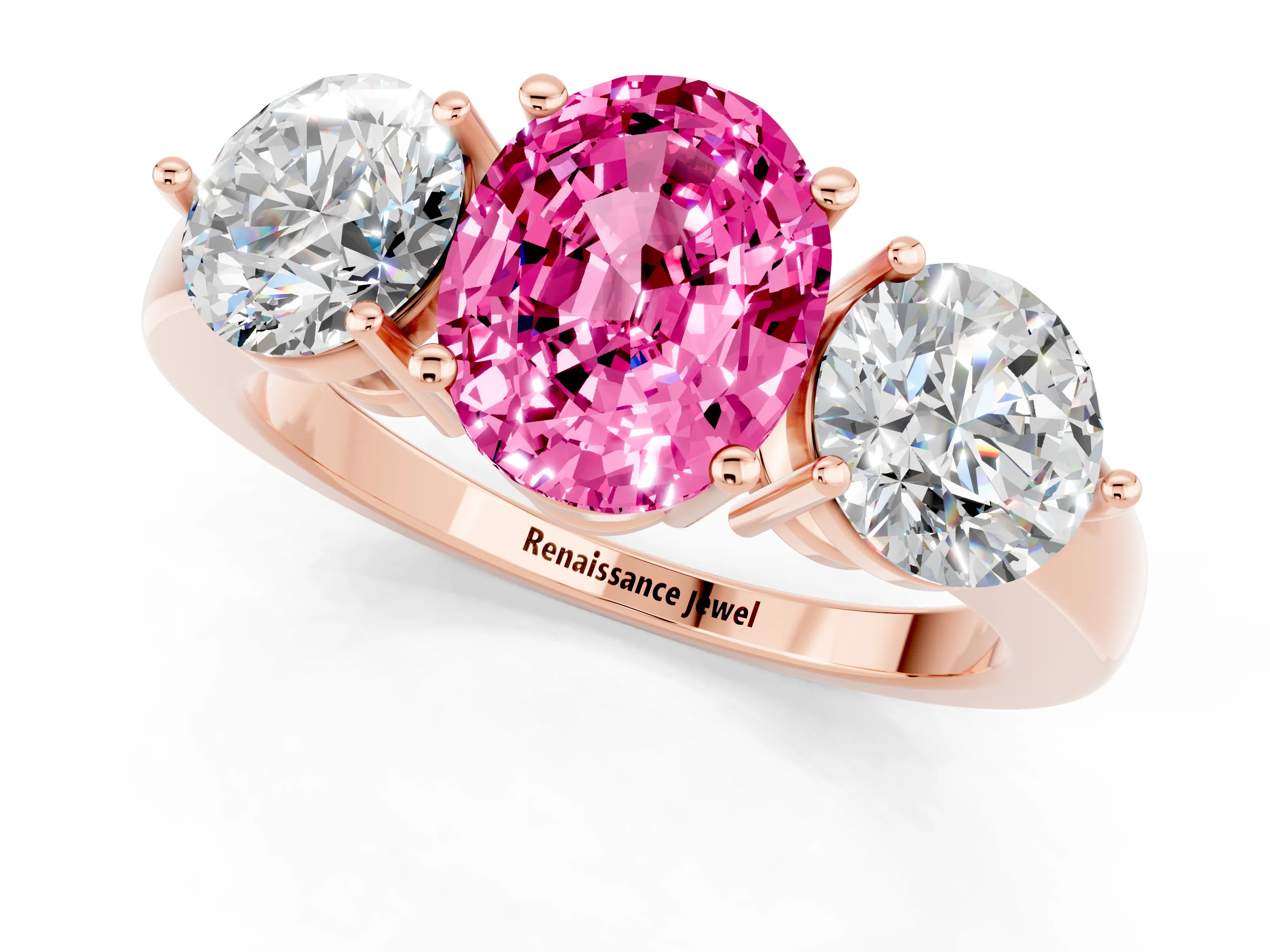 Rose gold Oval Cut Pink Sapphire Three-Stone Ring with Prong Setting and Classic Band_1