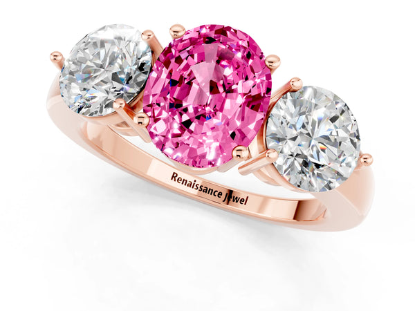 Rose gold Oval Cut Pink Sapphire Three-Stone Ring with Prong Setting and Classic Band