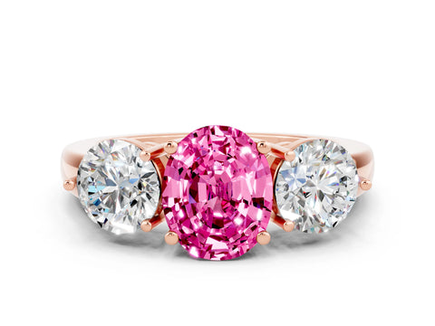 Rose gold Oval Cut Pink Sapphire Three-Stone Ring with Prong Setting and Classic Band