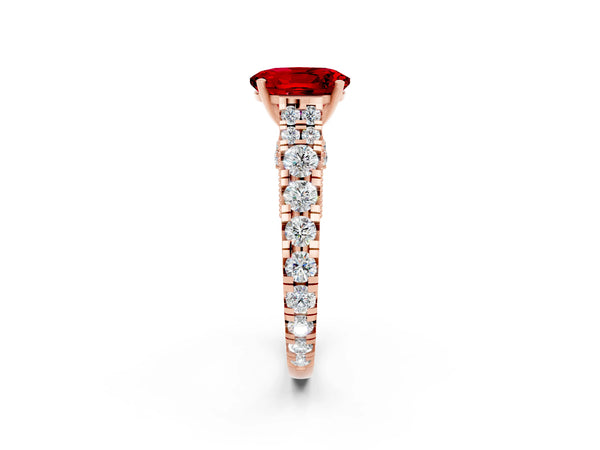 Rose gold Oval Cut Ruby Classic Solitaire Ring with Pavé Band and Four-Prong Setting