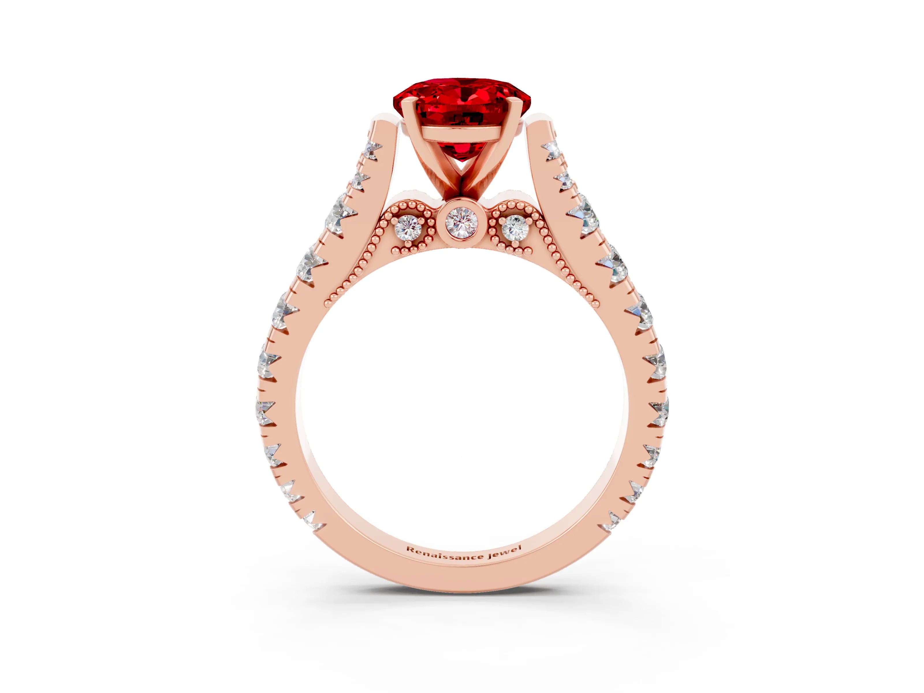 Rose gold Oval Cut Ruby Classic Solitaire Ring with Pavé Band and Four-Prong Setting_3