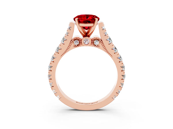 Rose gold Oval Cut Ruby Classic Solitaire Ring with Pavé Band and Four-Prong Setting