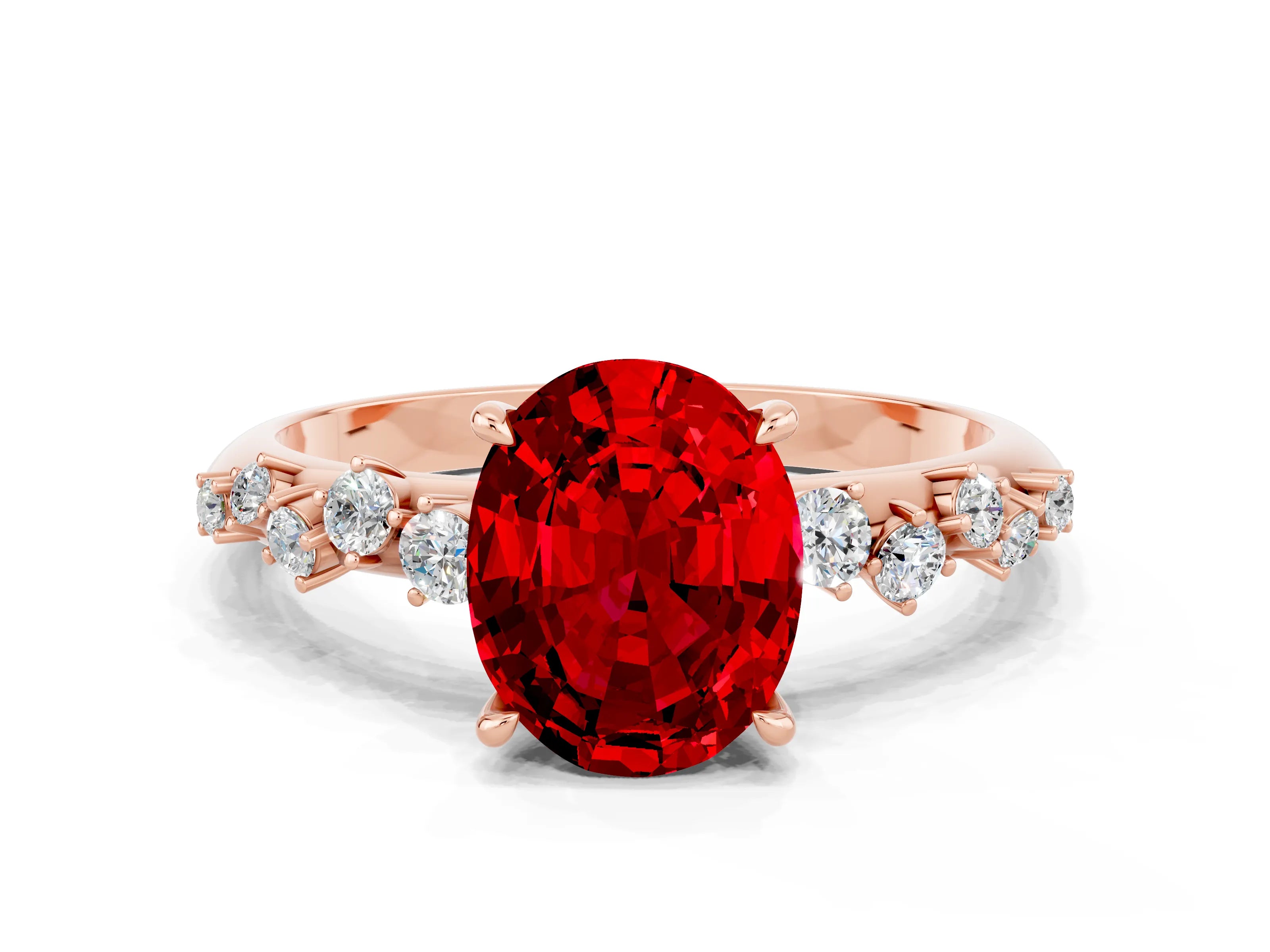 Rose gold Oval Cut Ruby Cluster Side Stone Solitaire Ring with Prong Setting_24
