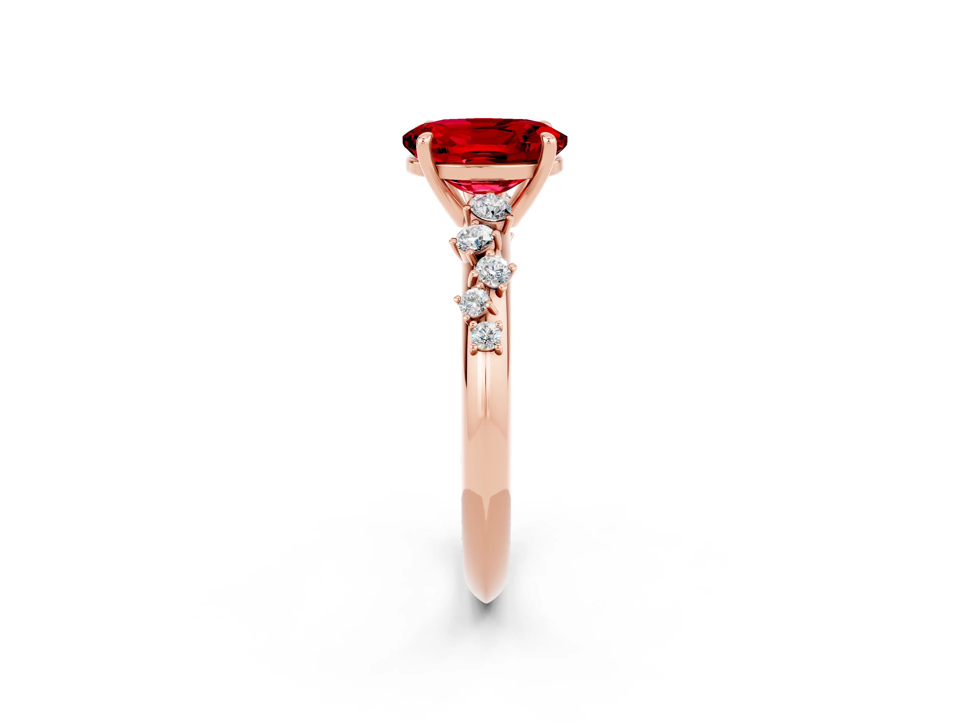 Rose gold Oval Cut Ruby Cluster Side Stone Solitaire Ring with Prong Setting_26