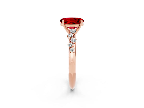 Rose gold Oval Cut Ruby Cluster Side Stone Solitaire Ring with Prong Setting