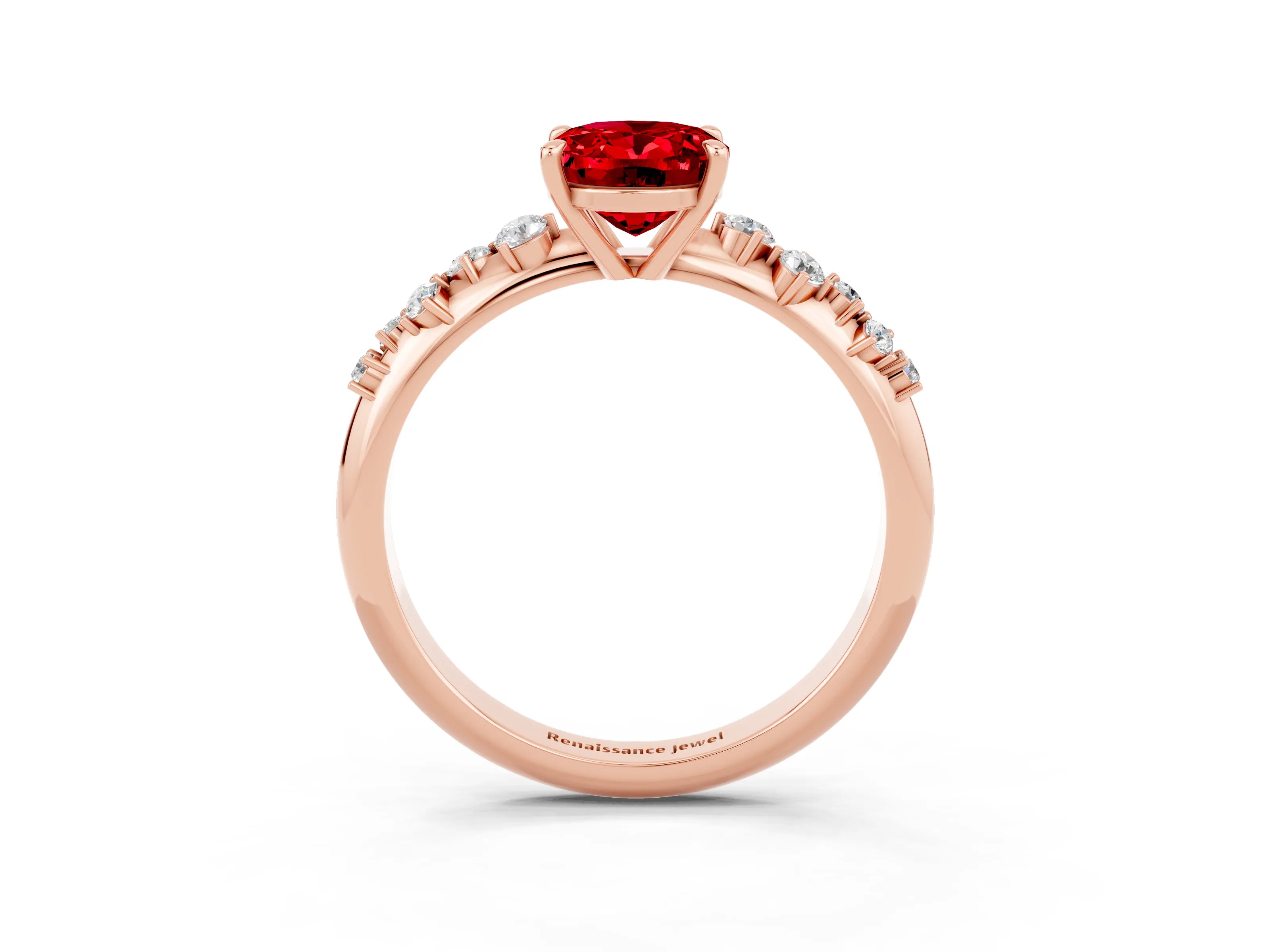 Rose gold Oval Cut Ruby Cluster Side Stone Solitaire Ring with Prong Setting_27
