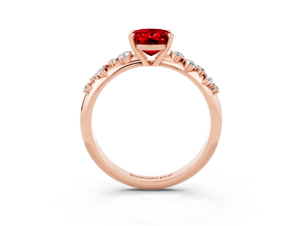 Rose gold Oval Cut Ruby Cluster Side Stone Solitaire Ring with Prong Setting