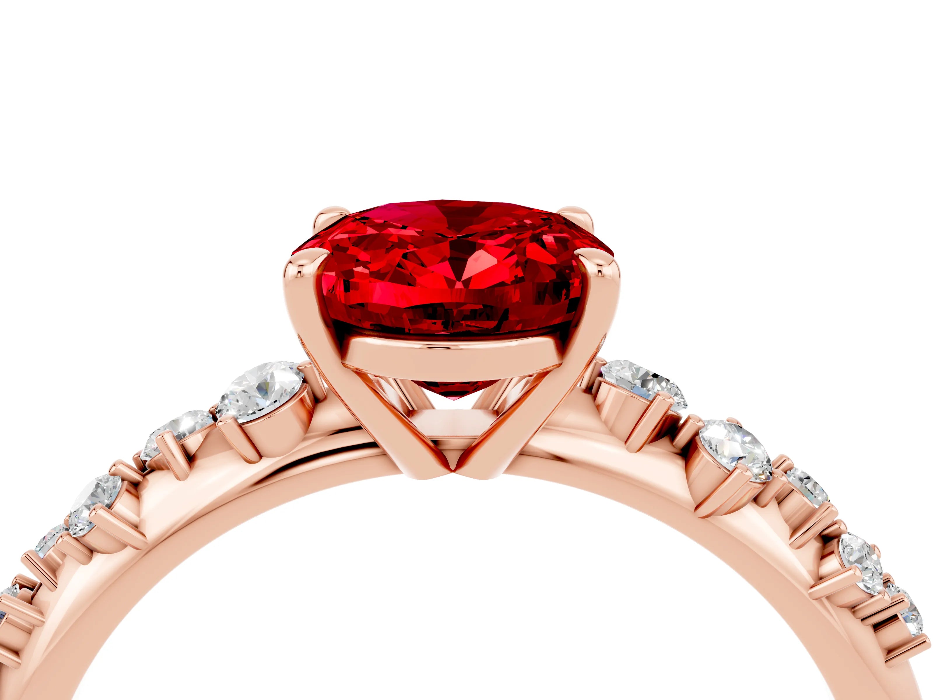 Rose gold Oval Cut Ruby Cluster Side Stone Solitaire Ring with Prong Setting_28
