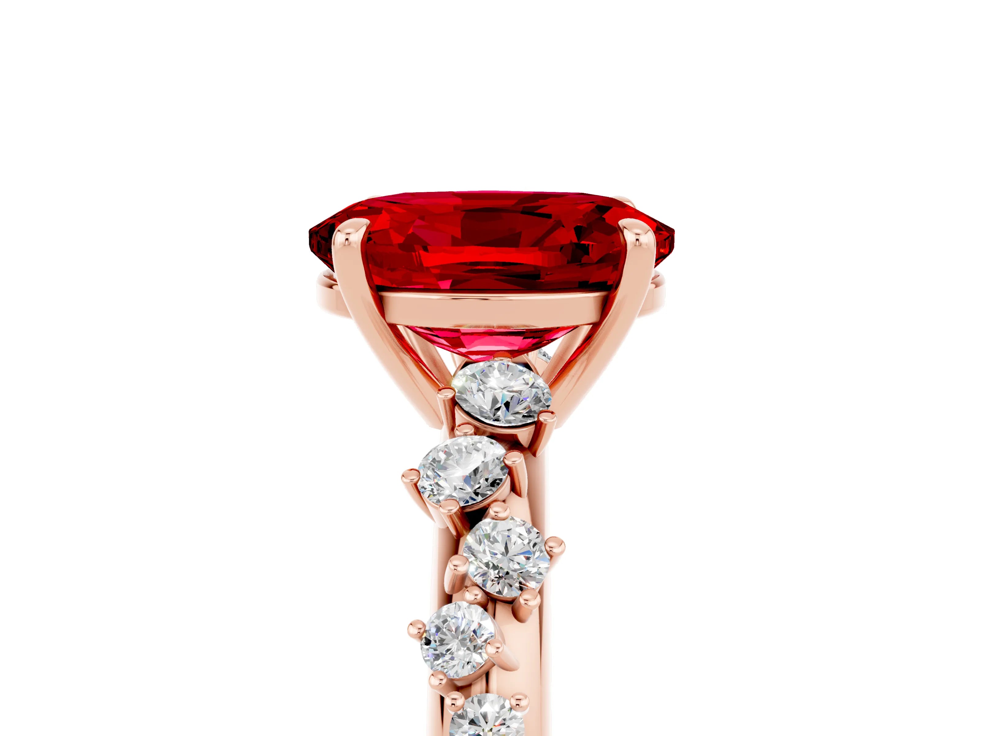 Rose gold Oval Cut Ruby Cluster Side Stone Solitaire Ring with Prong Setting_29