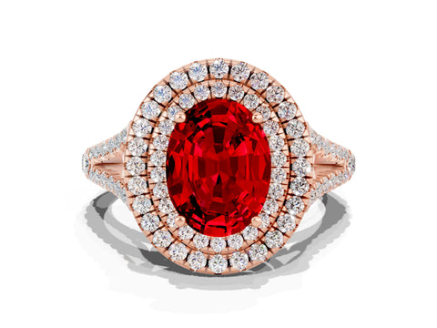 Rose gold Oval Cut Ruby Double Halo Ring with Pavé Band and Prong Setting_12