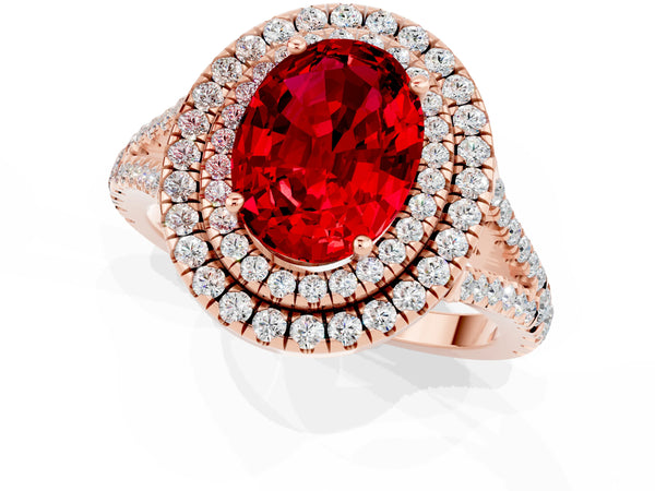 Rose gold Oval Cut Ruby Double Halo Ring with Pavé Band and Prong Setting
