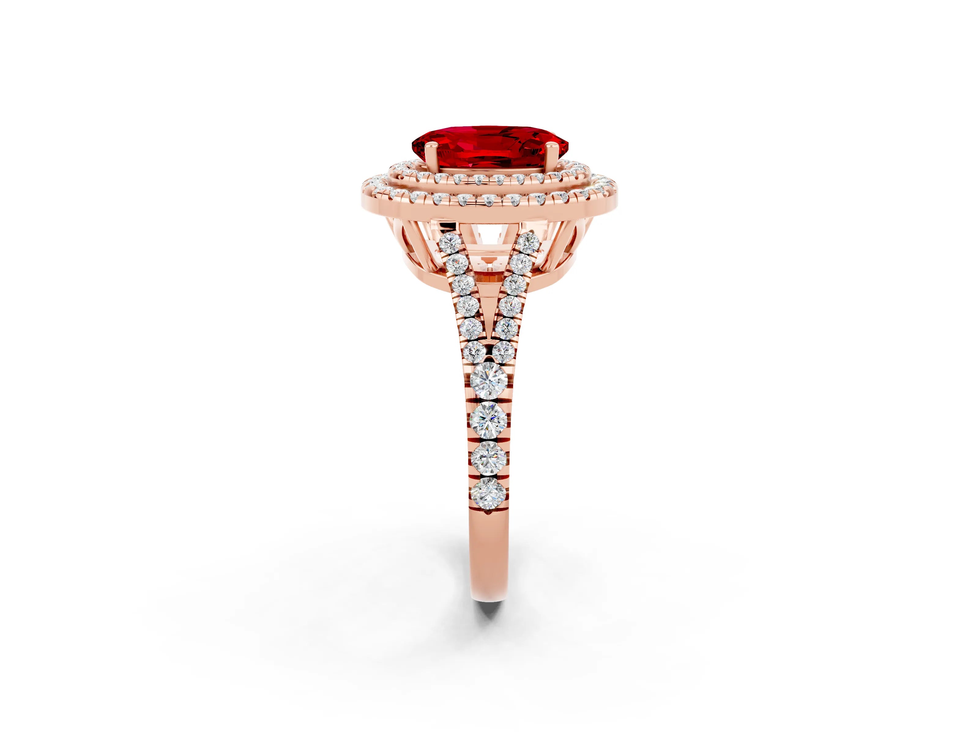 Rose gold Oval Cut Ruby Double Halo Ring with Pavé Band and Prong Setting_14