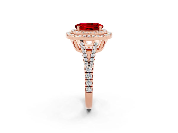 Rose gold Oval Cut Ruby Double Halo Ring with Pavé Band and Prong Setting