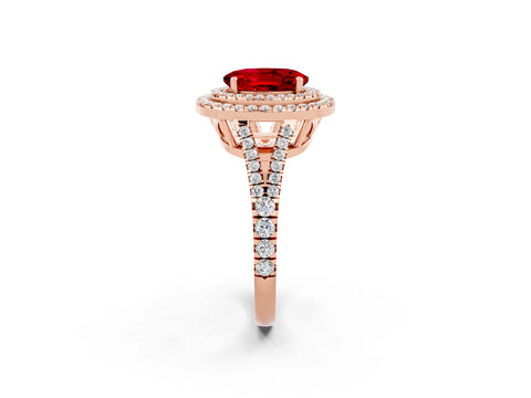 Rose gold Oval Cut Ruby Double Halo Ring with Pavé Band and Prong Setting_14