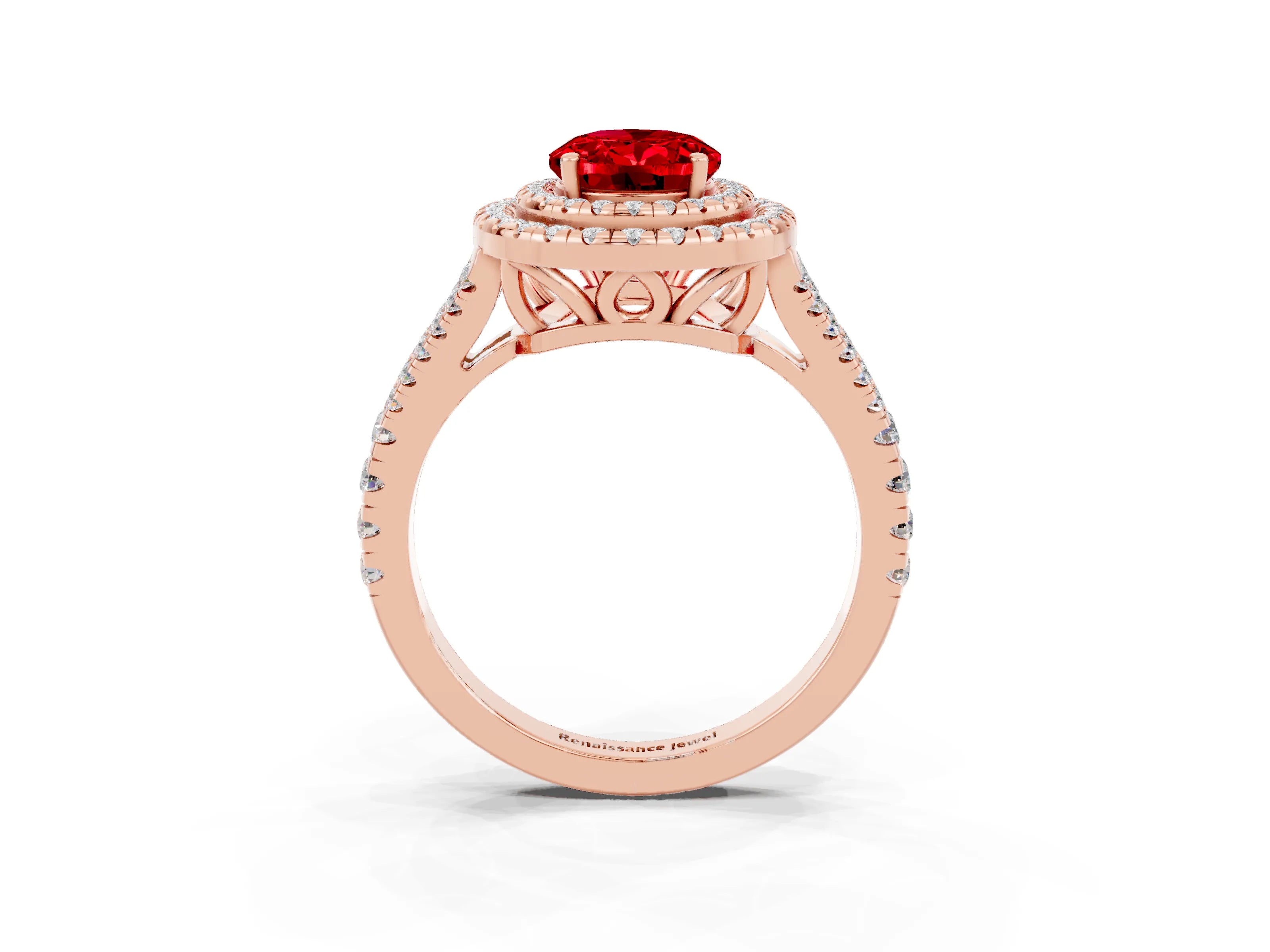 Rose gold Oval Cut Ruby Double Halo Ring with Pavé Band and Prong Setting_15