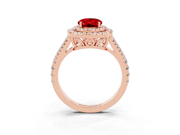 Rose gold Oval Cut Ruby Double Halo Ring with Pavé Band and Prong Setting