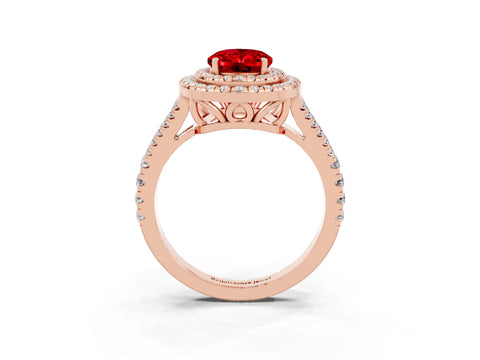 Rose gold Oval Cut Ruby Double Halo Ring with Pavé Band and Prong Setting_15