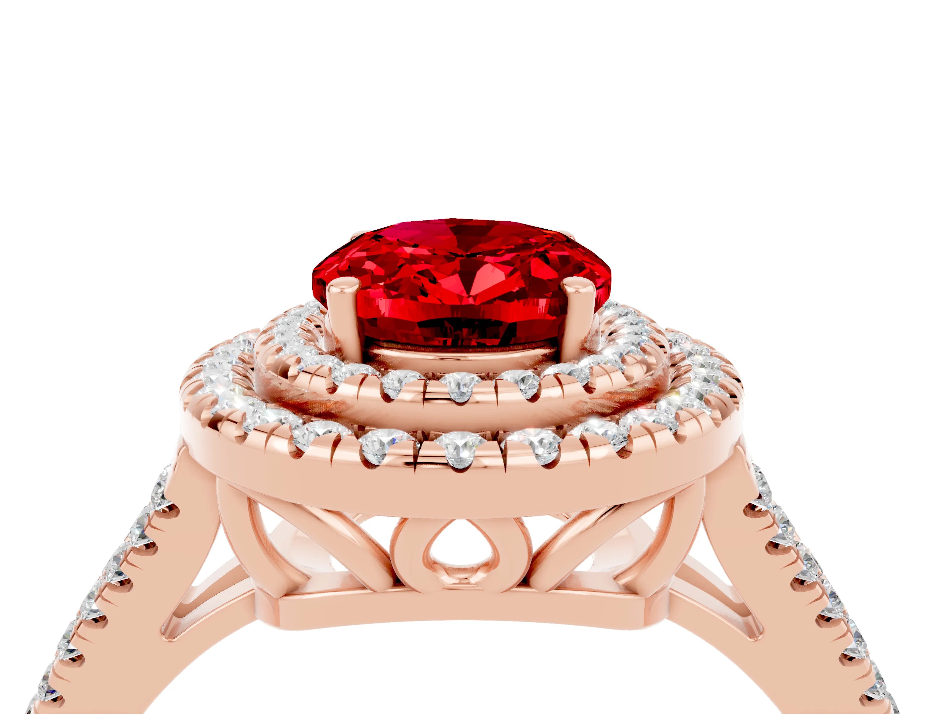 Rose gold Oval Cut Ruby Double Halo Ring with Pavé Band and Prong Setting_16