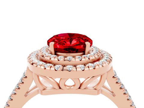 Rose gold Oval Cut Ruby Double Halo Ring with Pavé Band and Prong Setting_16