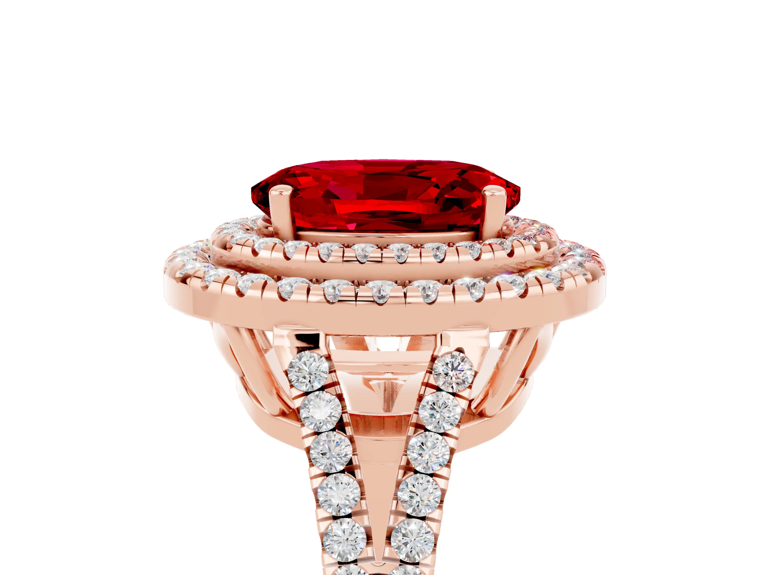 Rose gold Oval Cut Ruby Double Halo Ring with Pavé Band and Prong Setting_17