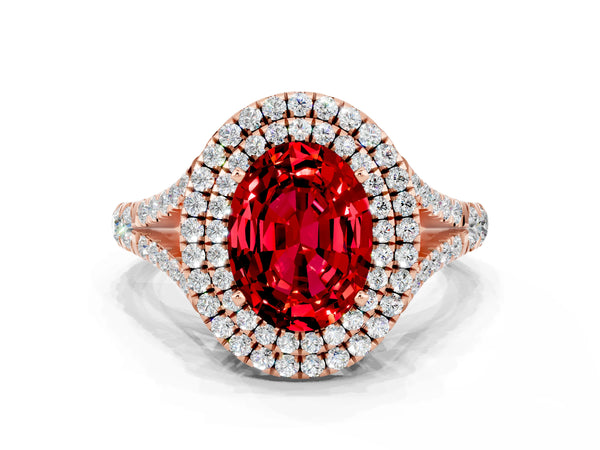 Rose gold Oval Cut Ruby Double Halo Ring with Split Shank and Prong Setting