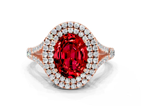 Rose gold Oval Cut Ruby Double Halo Ring with Split Shank and Prong Setting_12