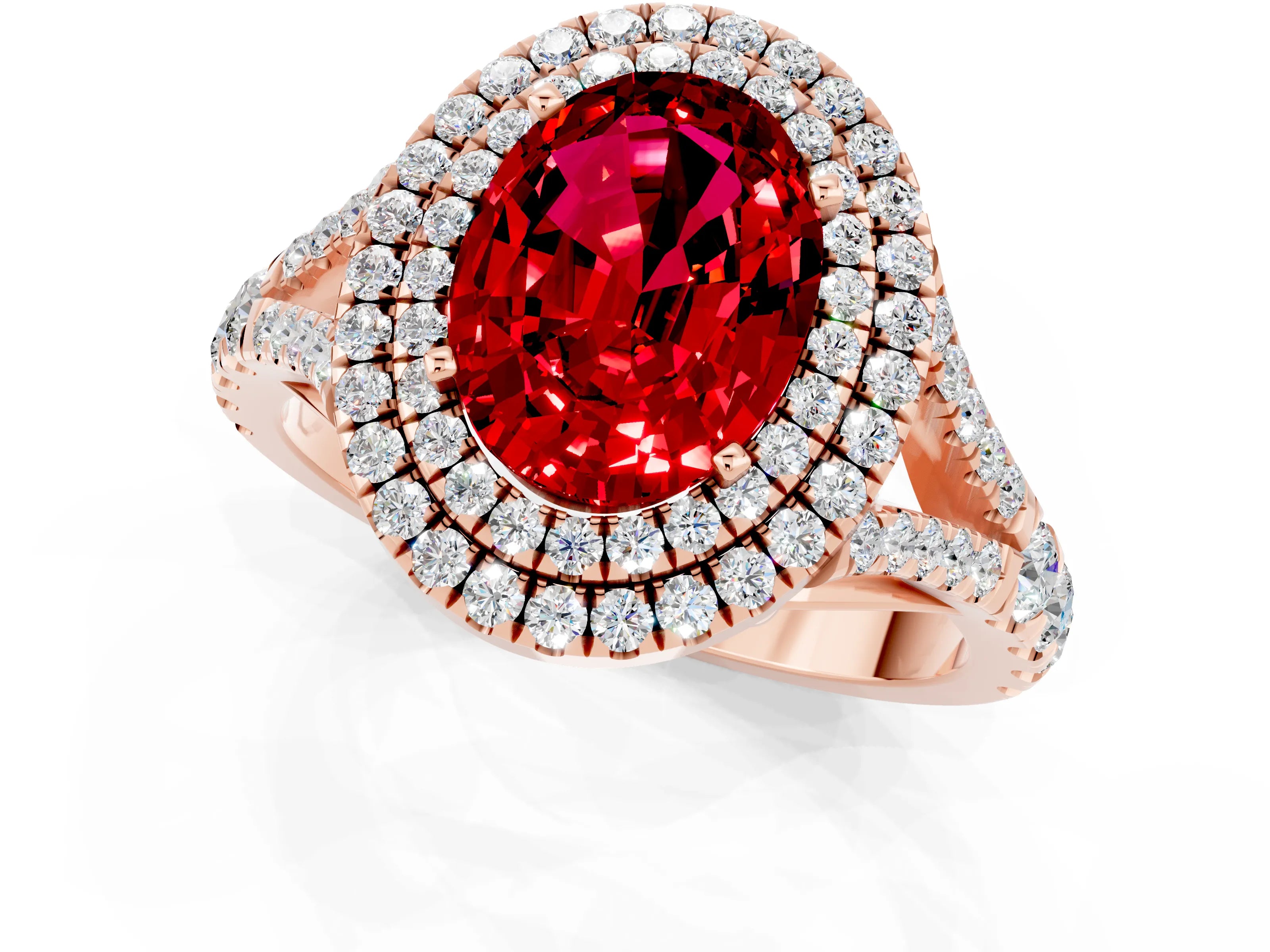 Rose gold Oval Cut Ruby Double Halo Ring with Split Shank and Prong Setting_13