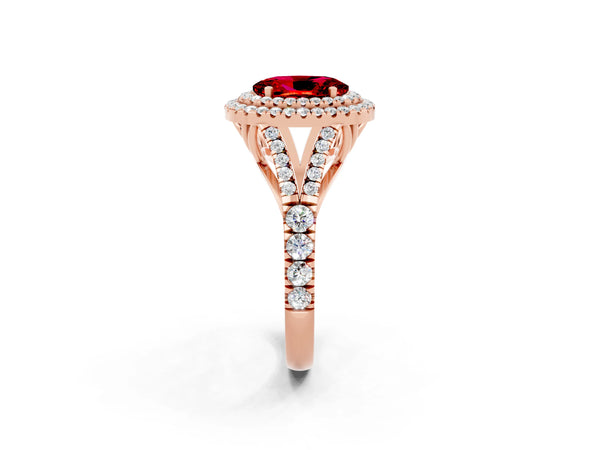 Rose gold Oval Cut Ruby Double Halo Ring with Split Shank and Prong Setting