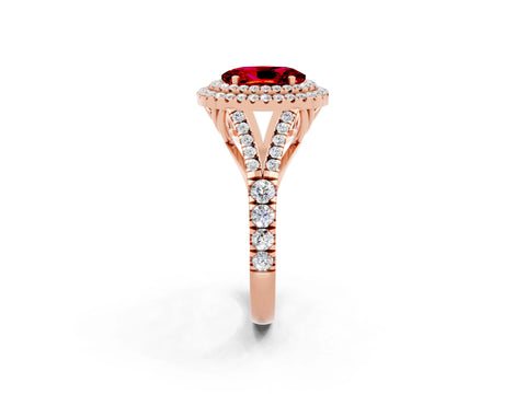 Rose gold Oval Cut Ruby Double Halo Ring with Split Shank and Prong Setting_14