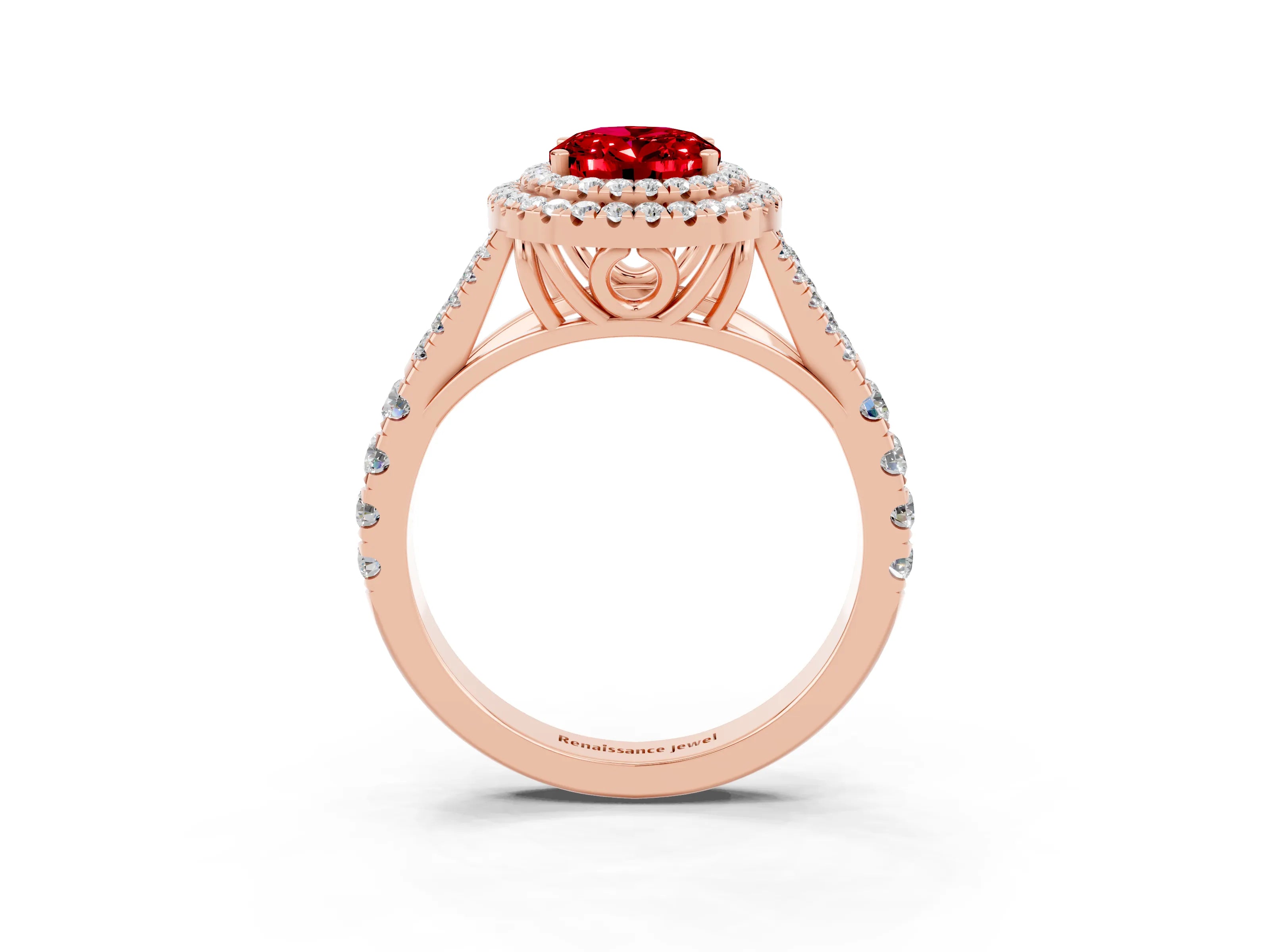 Rose gold Oval Cut Ruby Double Halo Ring with Split Shank and Prong Setting_15