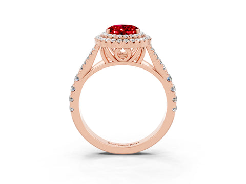 Rose gold Oval Cut Ruby Double Halo Ring with Split Shank and Prong Setting_15