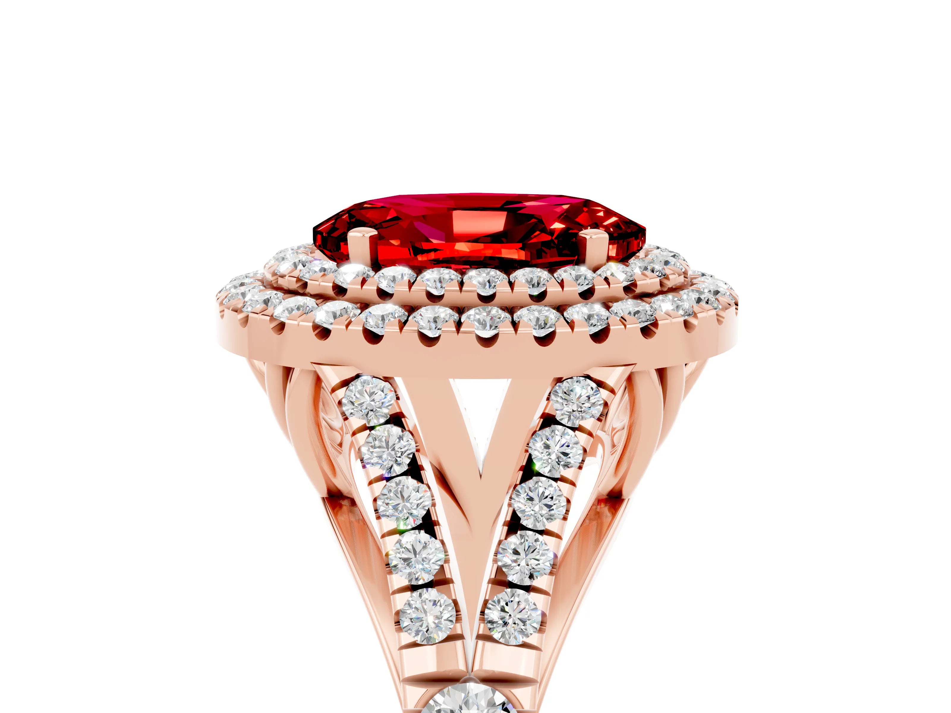 Rose gold Oval Cut Ruby Double Halo Ring with Split Shank and Prong Setting_17