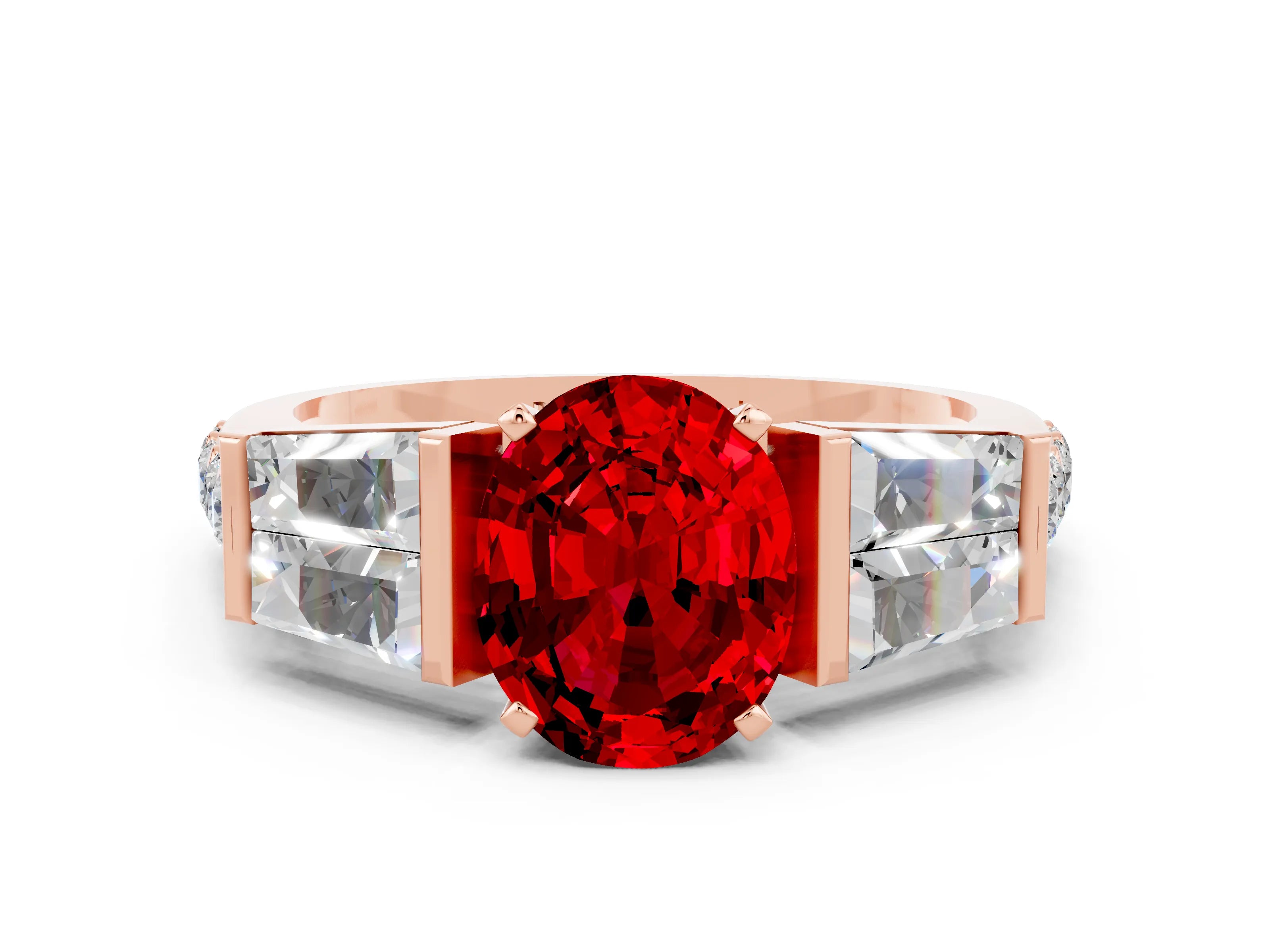 Rose gold Oval Cut Ruby Engagement Ring with Baguette Side Stones and Channel Set Band