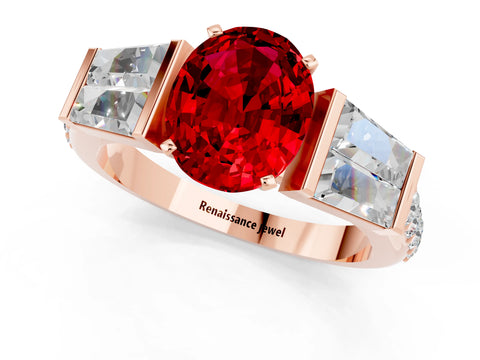 Rose gold Oval Cut Ruby Engagement Ring with Baguette Side Stones and Channel Set Band_1