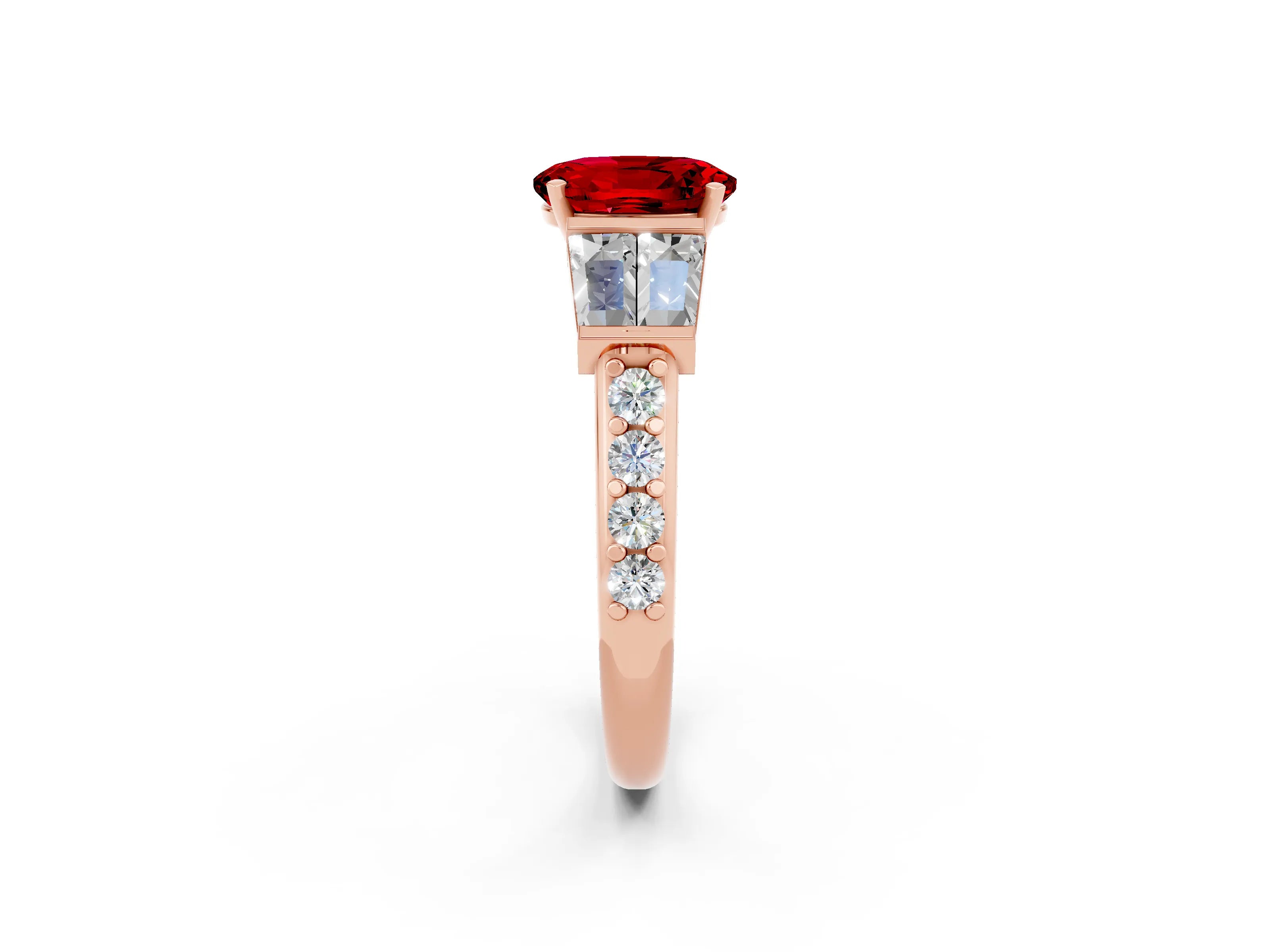 Rose gold Oval Cut Ruby Engagement Ring with Baguette Side Stones and Channel Set Band_2